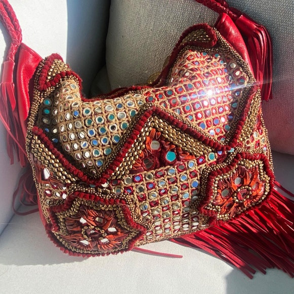 New NWOT Red Mogara Purse Bag Leather Beaded Fringe! - Picture 3 of 11